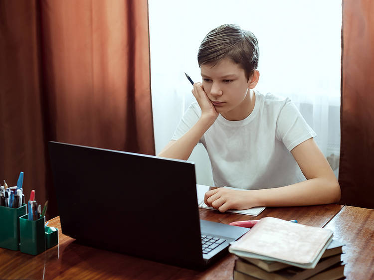 Teen boy sitting at desk working on laptop computer
