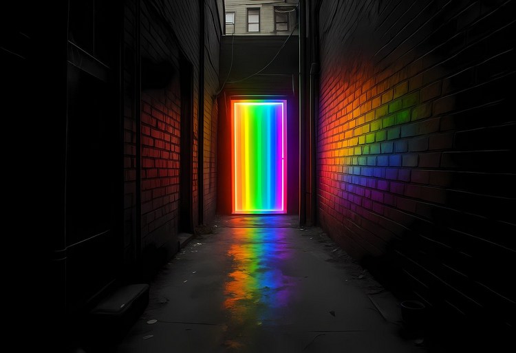 Rainbow door at end of alley
