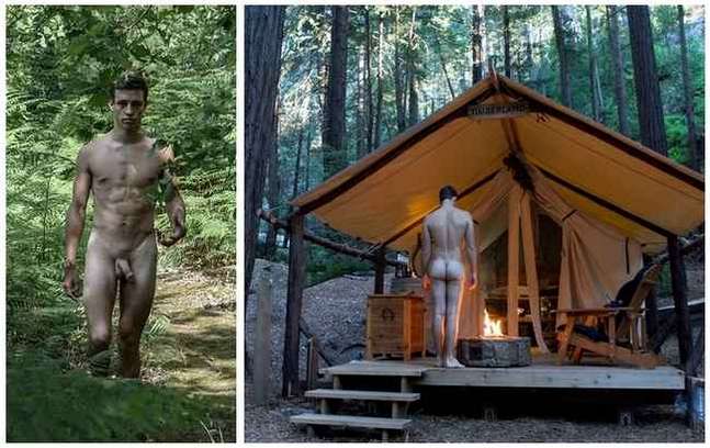 Nude man walking in forest and tent on timber floor in forest