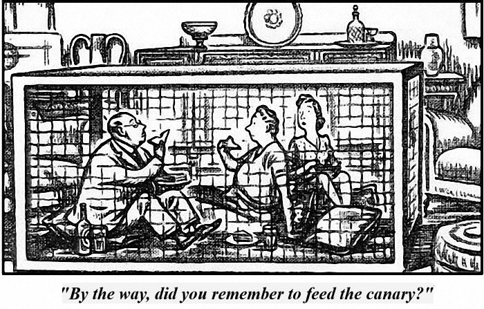 Cartoon of three people sitting in a Morrison shelter. One asks, &ldquo;By the way, did you remember to feed the canary?&rdquo;