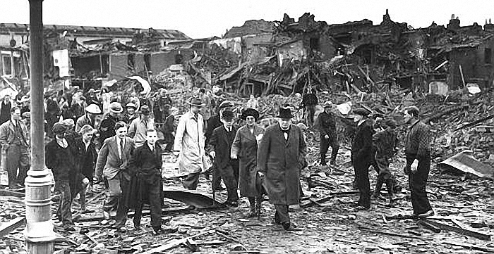 Churchill inspecting bomb damaged London