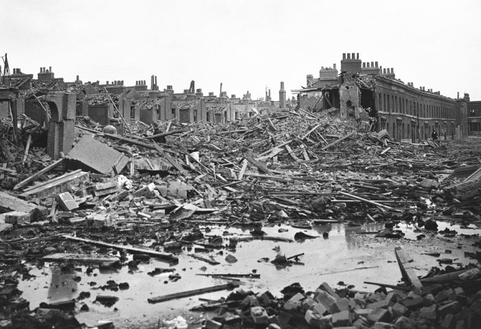A street of buildings destroyed by bombs