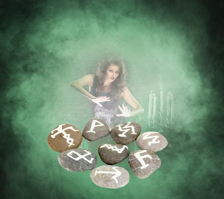 Rune stones against a background of a witch