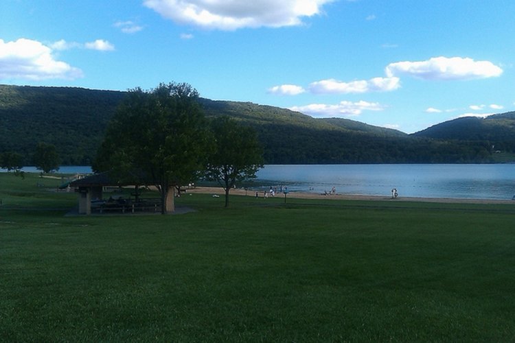 Lake with hills in background